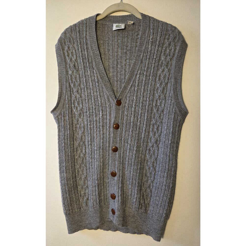 Vtg Lacoste 100% Baby Alpaca V-Neck Ribbed Sweater Vest Gray Mens S Oversized